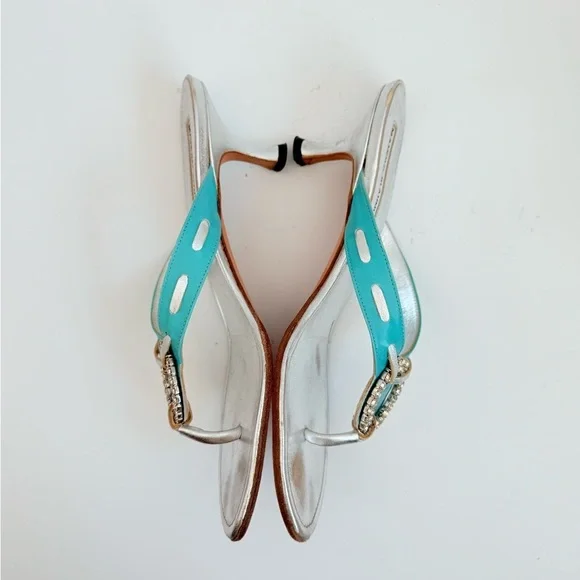Manolo Blahnik Silver Turquoise Leather Vintage crystal thong sandals EU37 US 7 - Picture 6 of 10